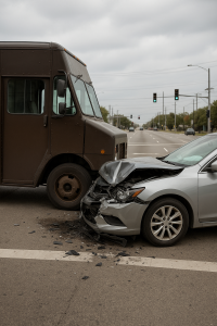 Commercial delivery truck crashed into a sedan at a busy Dallas intersection – Texas commercial vehicle accident scene.