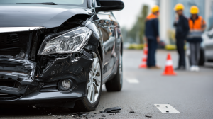 Scene of a car accident on a Texas road with one damaged vehicle.