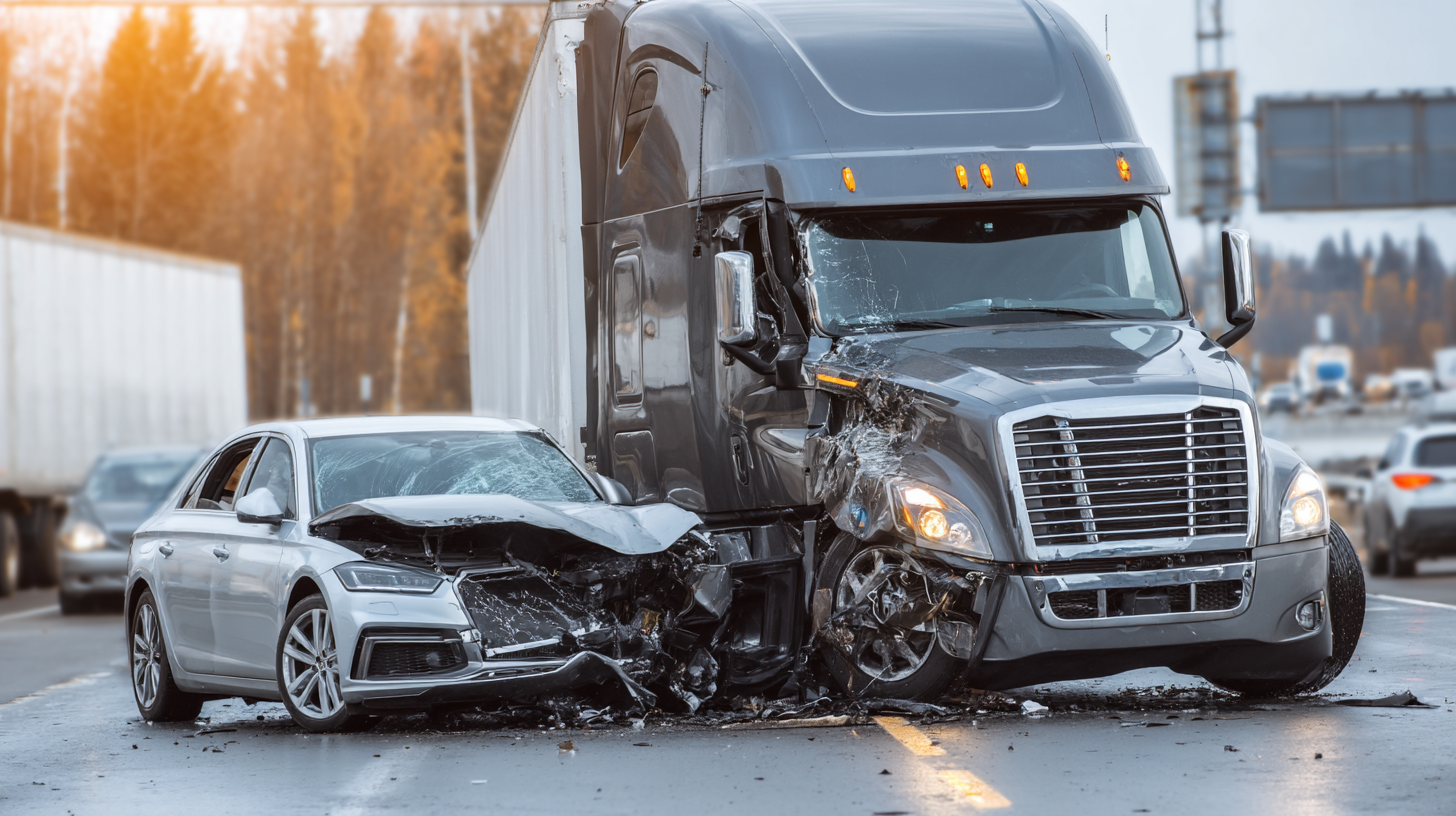 Damaged car crushed by large semi-truck illustrating severe Texas truck accident scene.
