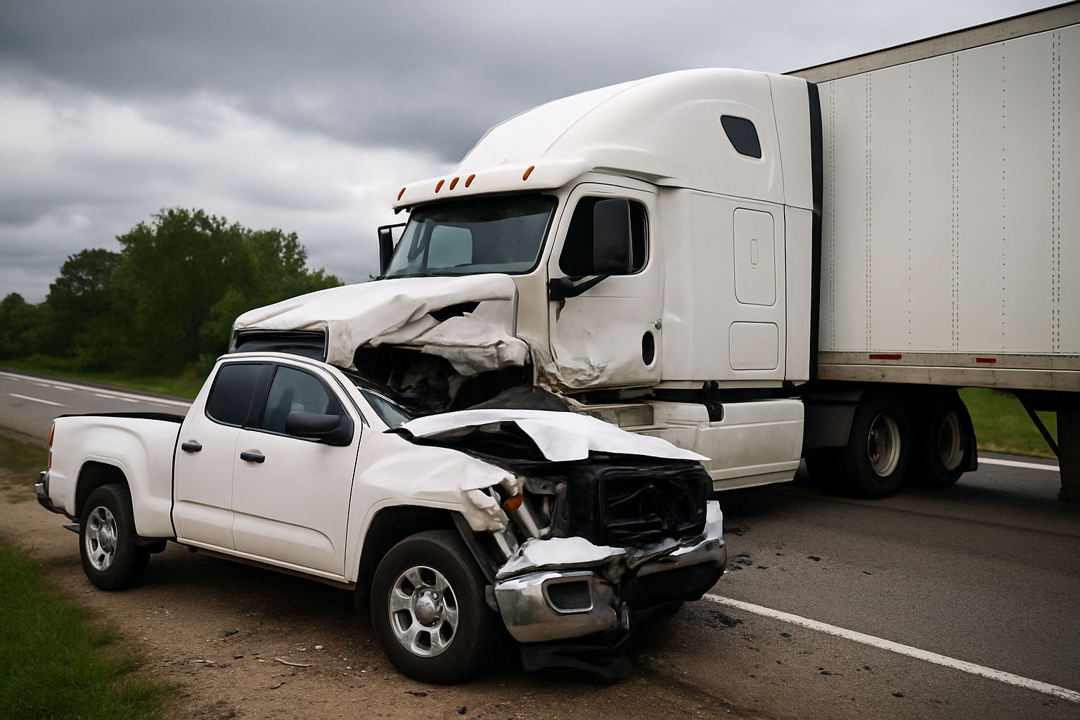 A white pickup truck with severe front-end damage is wedged into the side of a large white semi-truck on a highway shoulder, suggesting a recent collision.