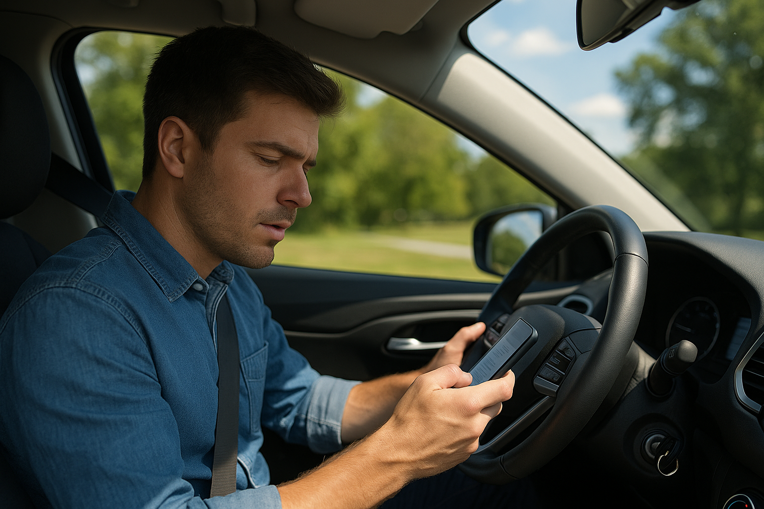 A man is texting on his smartphone while driving, with both hands on the phone and eyes off the road. This highlights the danger of distracted driving.