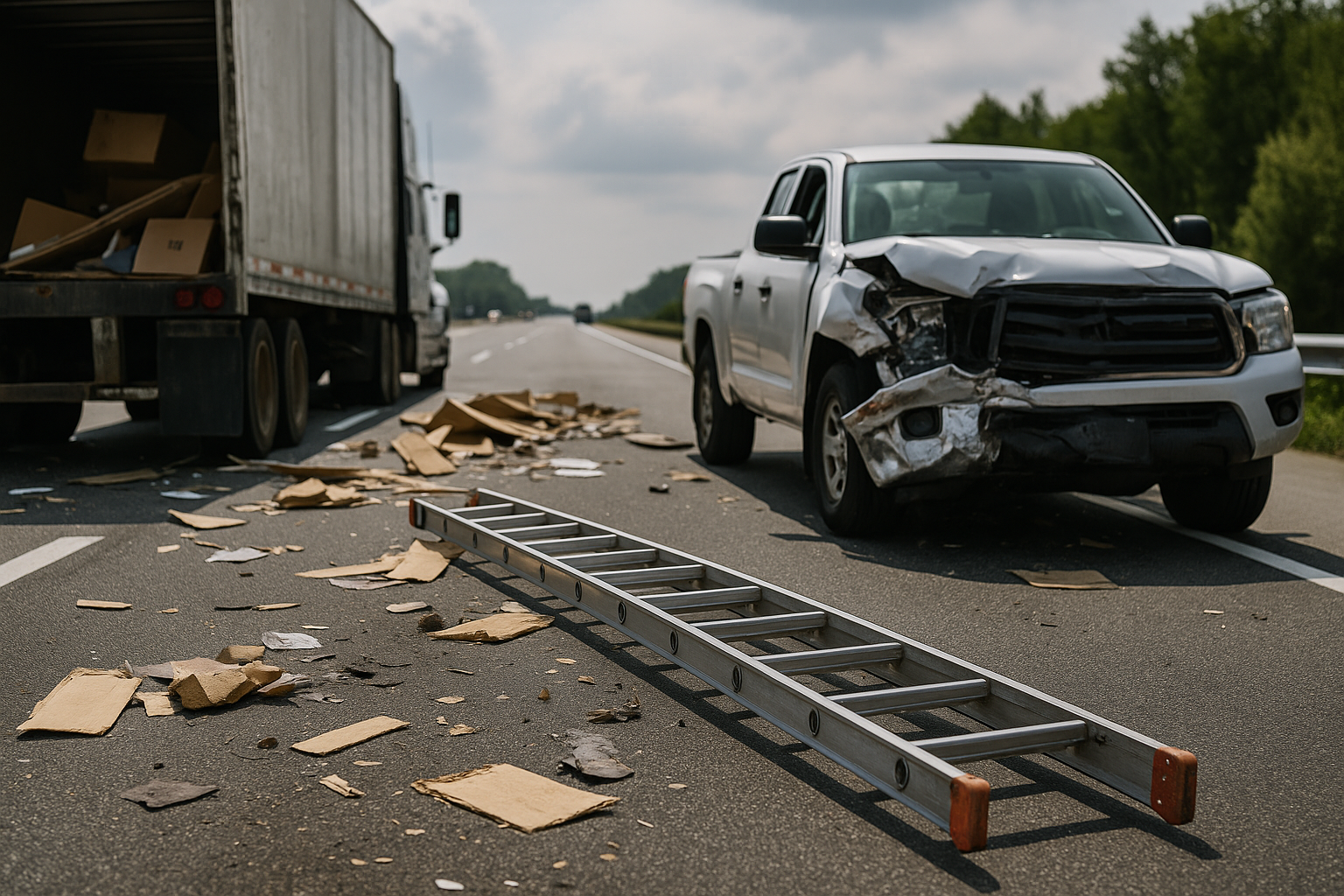 A damaged white pickup truck and a semi-truck sit on a highway after a collision, with a fallen aluminum ladder and scattered cardboard debris strewn across the road, suggesting the ladder fell from a vehicle and caused the wreck.