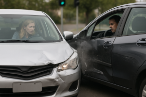 Woman driving sedan crashes into the side of another vehicle.