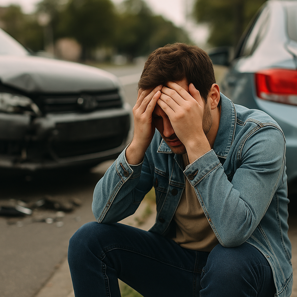 Distressed man sitting on a curb after a car accident, holding his head in his hands, with two damaged vehicles in the background on a city street.