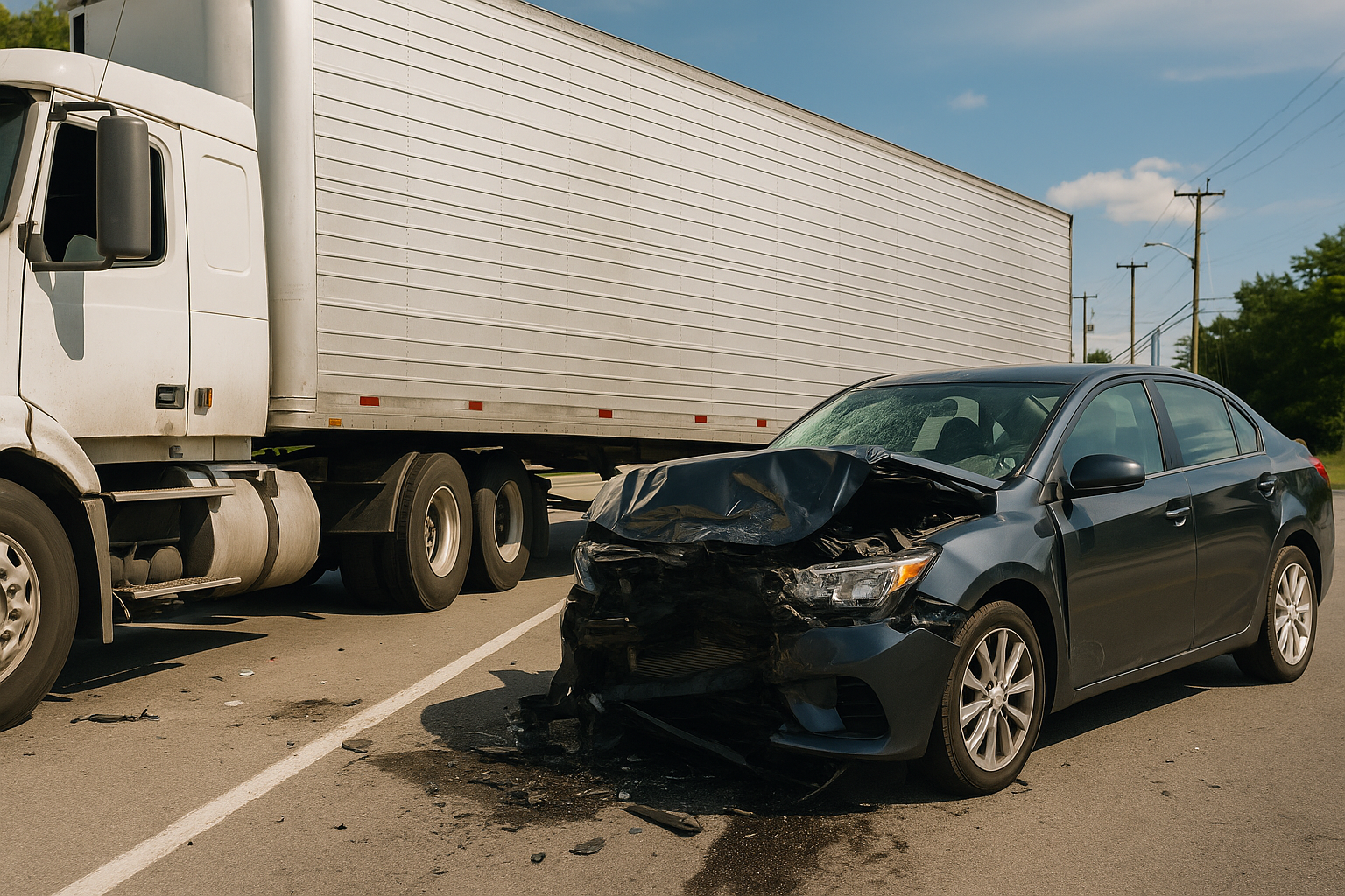 Crashed sedan with a crumpled front end stopped in front of a damaged semi-truck indicating a recent collision between the two vehicles.