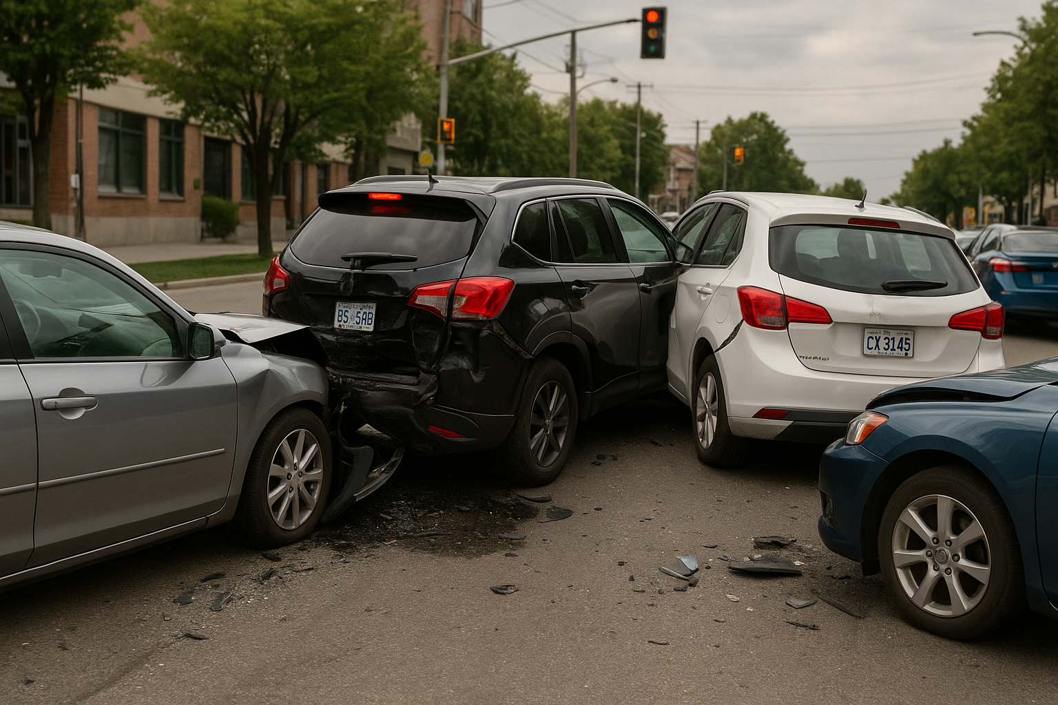 Four-car collision at an intersection showing visible damage to all vehicles.