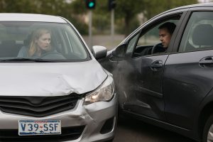 Woman driving sedan crashes into the side of another vehicle.