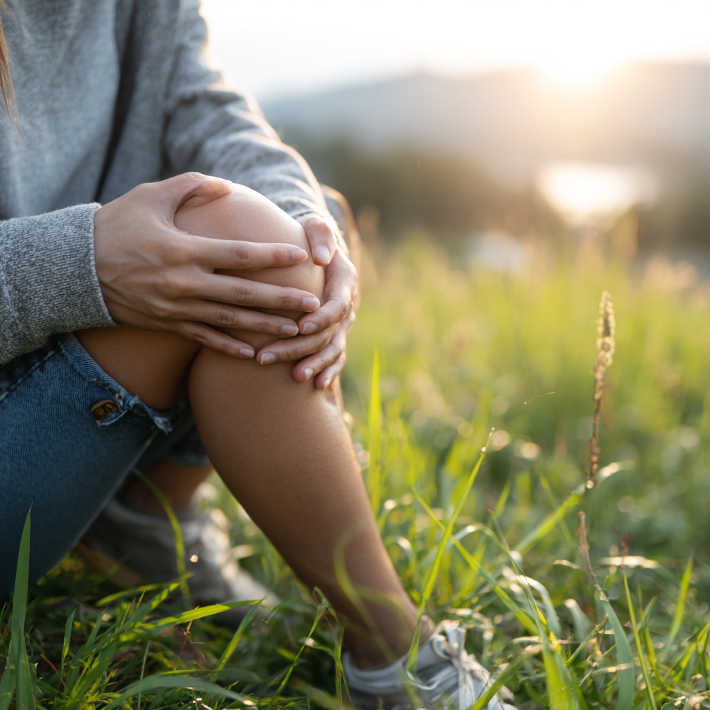 An injured person holds their knee showing a recent injury on someone's private property. 