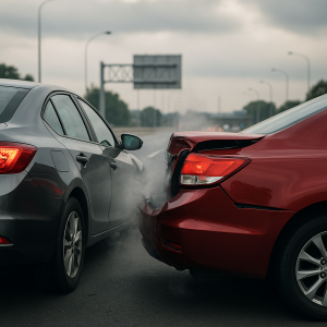 A gray sedan has rear-ended a red sedan on a multi-lane Dallas highway.