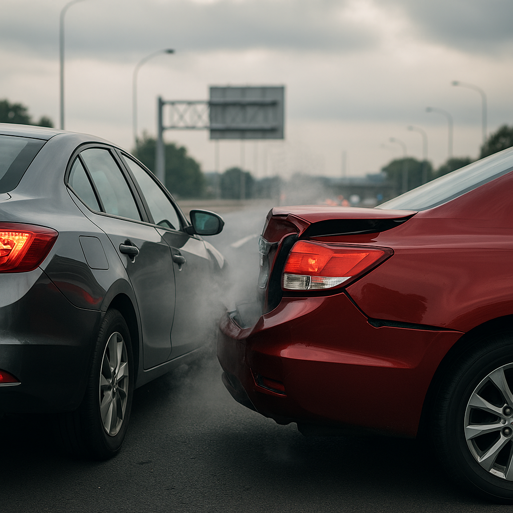 A gray sedan has rear-ended a red sedan on a multi-lane Dallas highway.