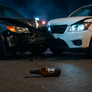 A nighttime car accident scene showing a dark gray sedan and a white SUV with front-end damage, a broken beer bottle on the pavement in the foreground, and emergency lights flashing in the background.