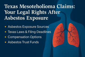 Informational graphic showing “Texas Mesothelioma Claims: Your Legal Rights After Asbestos Exposure” with bullet points on asbestos exposure sources, Texas laws and filing deadlines, compensation options, and asbestos trust funds.