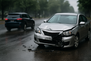 Damaged silver sedan with crumpled front bumper and shattered headlight parked on a wet road after a hit-and-run accident, debris scattered nearby, while a dark Van speeds away in the background.