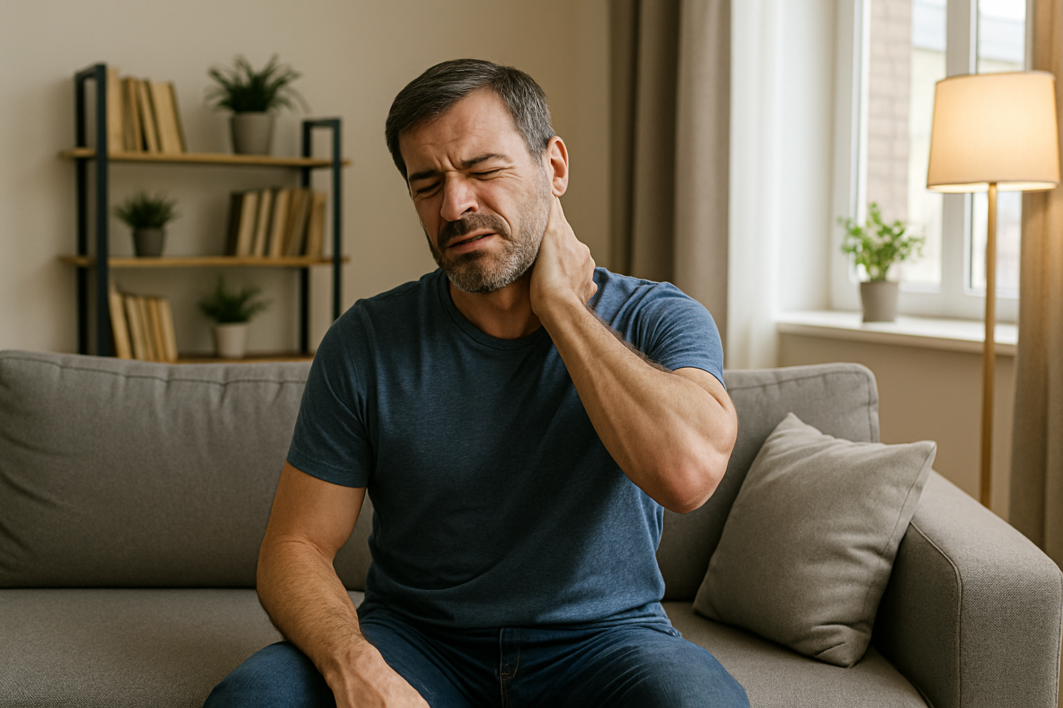 Middle-aged man sitting on a gray sofa in a living room, holding his neck with a pained expression.