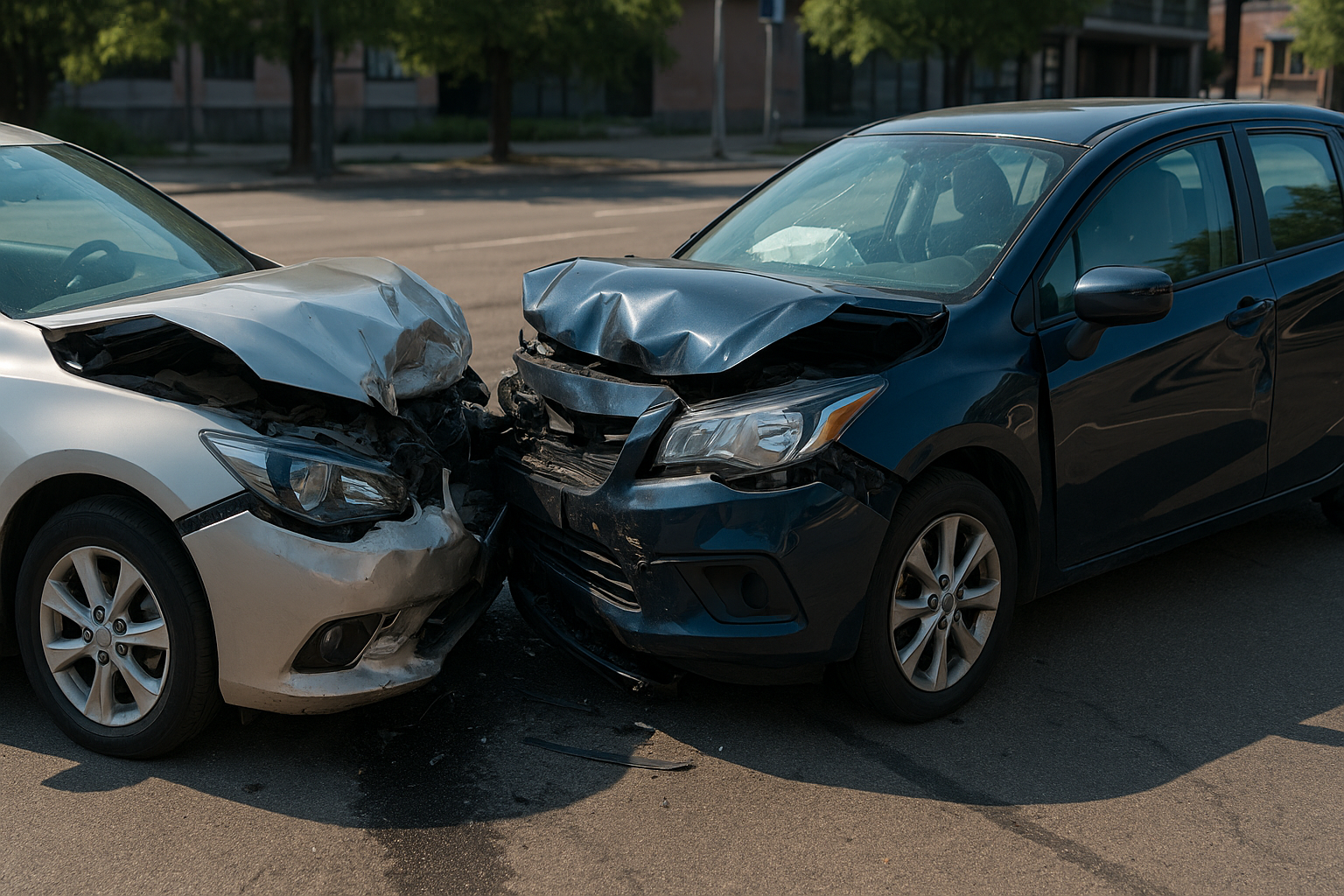 Two damaged cars after a front-end collision on a city street—one silver sedan and one dark blue hatchback—with crumpled hoods and debris scattered on the pavement.