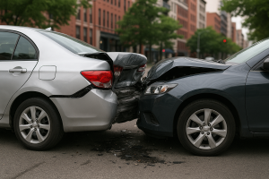 A silver sedan with rear-end damage sits in front of a dark gray car with a crushed front bumper, both vehicles stopped on a city street with debris on the ground and brick buildings in the background.