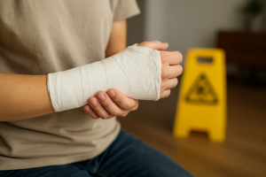 A person holding their left wrist, which is wrapped in a white cast, suggesting a slip and fall injury.