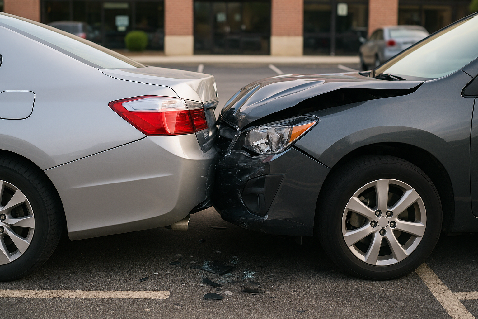 Two sedans involved in a rear-end collision in a parking lot— a silver car with a dented rear bumper and a dark gray car with a crumpled hood, broken headlight, and scattered debris on the pavement.