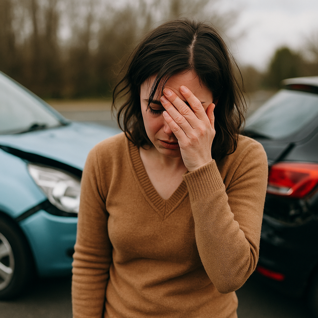 A distressed young woman stands in the middle of a parking lot car accident, looking down with one hand on her forehead, visibly overwhelmed, as damaged vehicles surround her in the background.