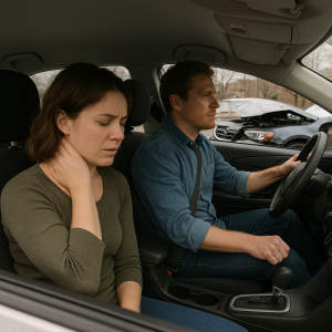 A car accident scene showing a male driver staring straight ahead and a female passenger in the front seat holding her neck in visible pain, surrounded by airbags and a cracked windshield.