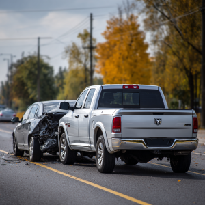 A sedan with rear-end damage sits in front of a dark gray car with a crushed front bumper, both vehicles stopped on a city street with debris on the ground and trees in the background.