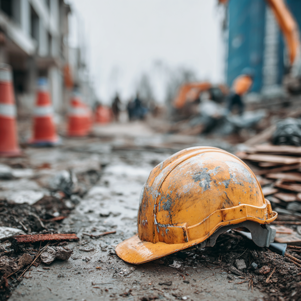 construction hat left behind after accident at construction site.